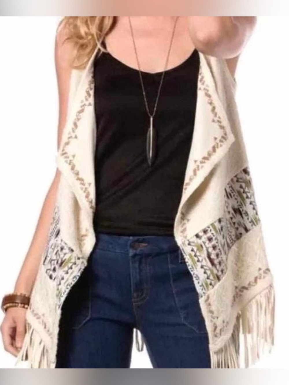 Miss Me. Tribal Beat Fringe Open Front Vest. Size XS.